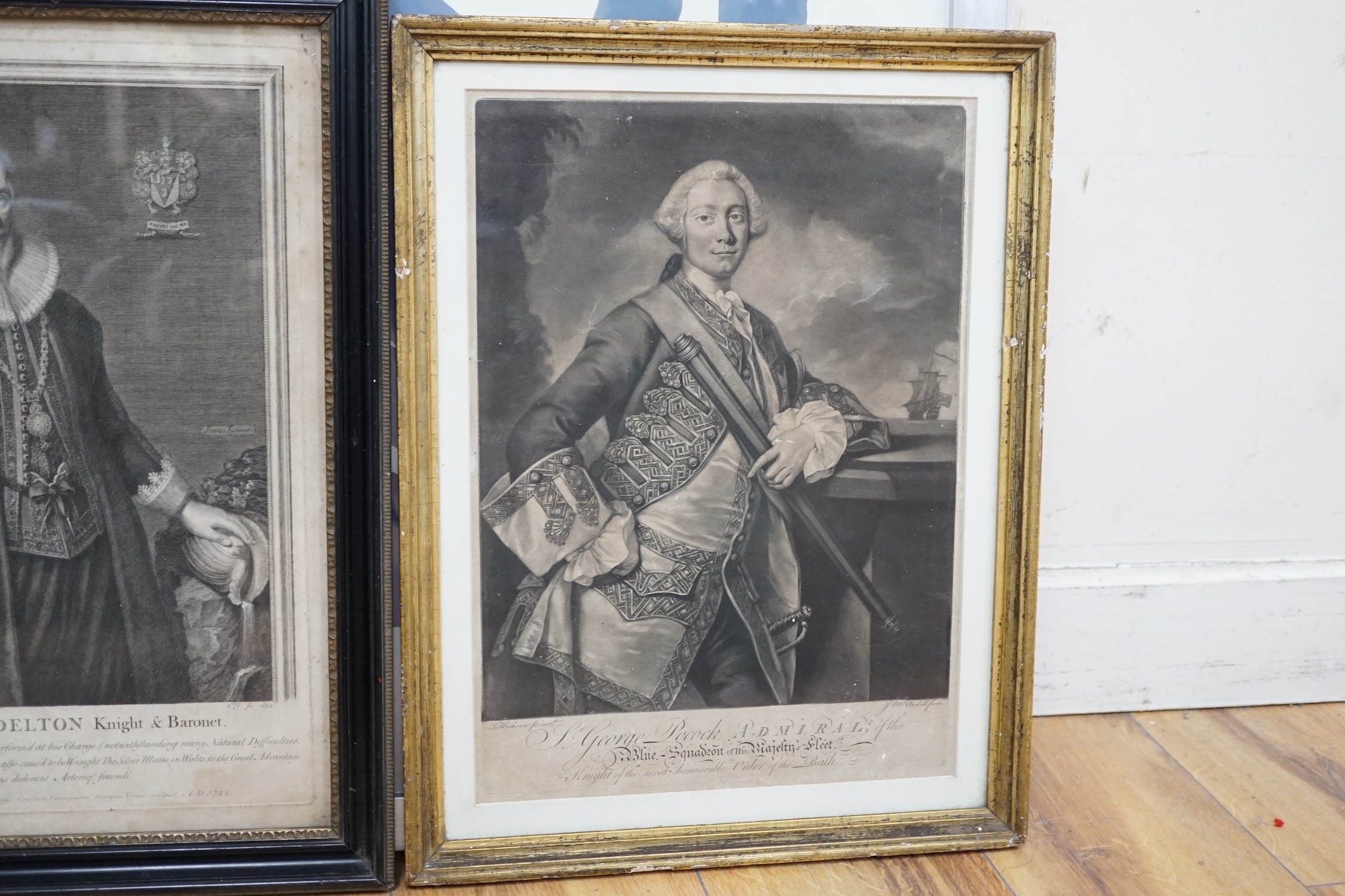 McArdell after Thomas Hudson, mezzotint, Portrait of Sir George Pocock, Admiral of the Blue, visible sheet 36 x 26cm and an engraving of Sir Hugh Myddelton, overall 40 x 29.5cm